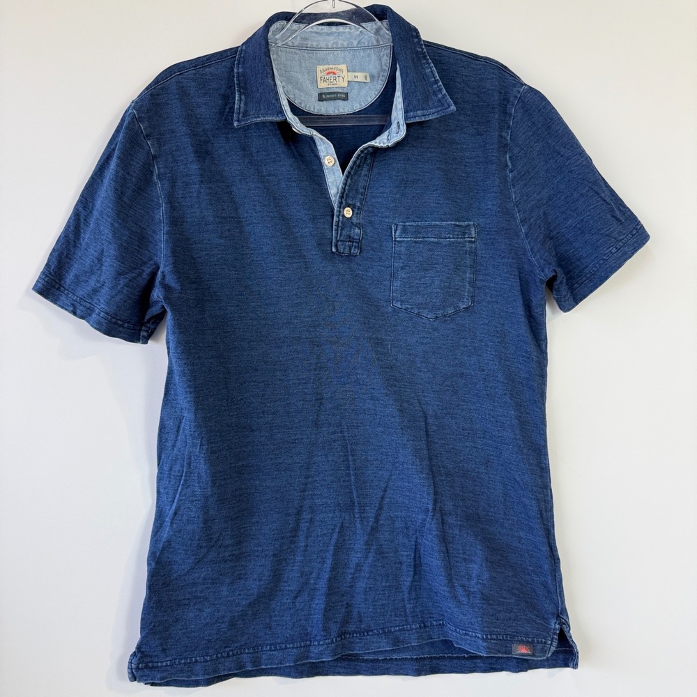 Faherty Indigo dye Polo Shirt Mens M Blue Medium Wash Recycled Cotton